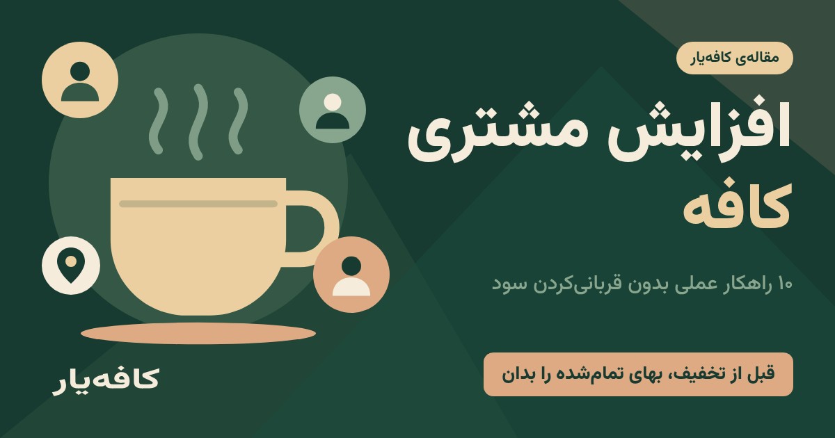 گرافیک عنوان «افزایش مشتری کافه» با آیکون لیوان قهوه بخاردار و چند مشتری، با لوگوی کافه‌یار